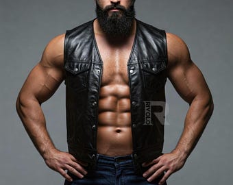 Handmade Biker Leather Vest | Genuine Sheep Leather Vest with Snap Buttons| Men&#39;s Black Vest | Leather Bar Vest | Handmade Real Leather Vest