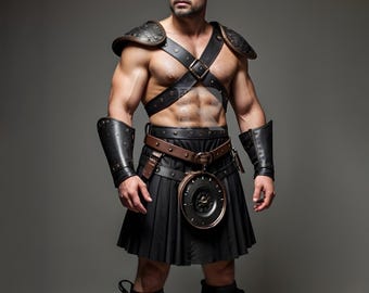 Combat Warrior Kilt & Armor | Genuine Leather Cosplay Costume | Warrior Skirt | Chest Harness with Shoulder Pads | Handmade Cosplay Costume