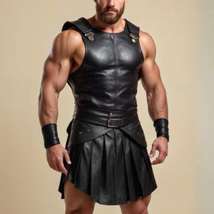 Peut inclure: Un gilet en cuir noir avec des bretelles, une jupe pliss&eacute;e et des manchettes. Le gilet a une fermeture &eacute;clair sur le devant et des d&eacute;tails de boucle. La jupe est fix&eacute;e avec une ceinture. C'est un costume.