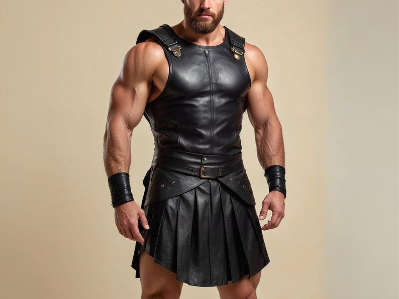 Peut inclure: Un gilet en cuir noir avec des bretelles, une jupe pliss&eacute;e et des manchettes. Le gilet a une fermeture &eacute;clair sur le devant et des d&eacute;tails de boucle. La jupe est fix&eacute;e avec une ceinture. C'est un costume.