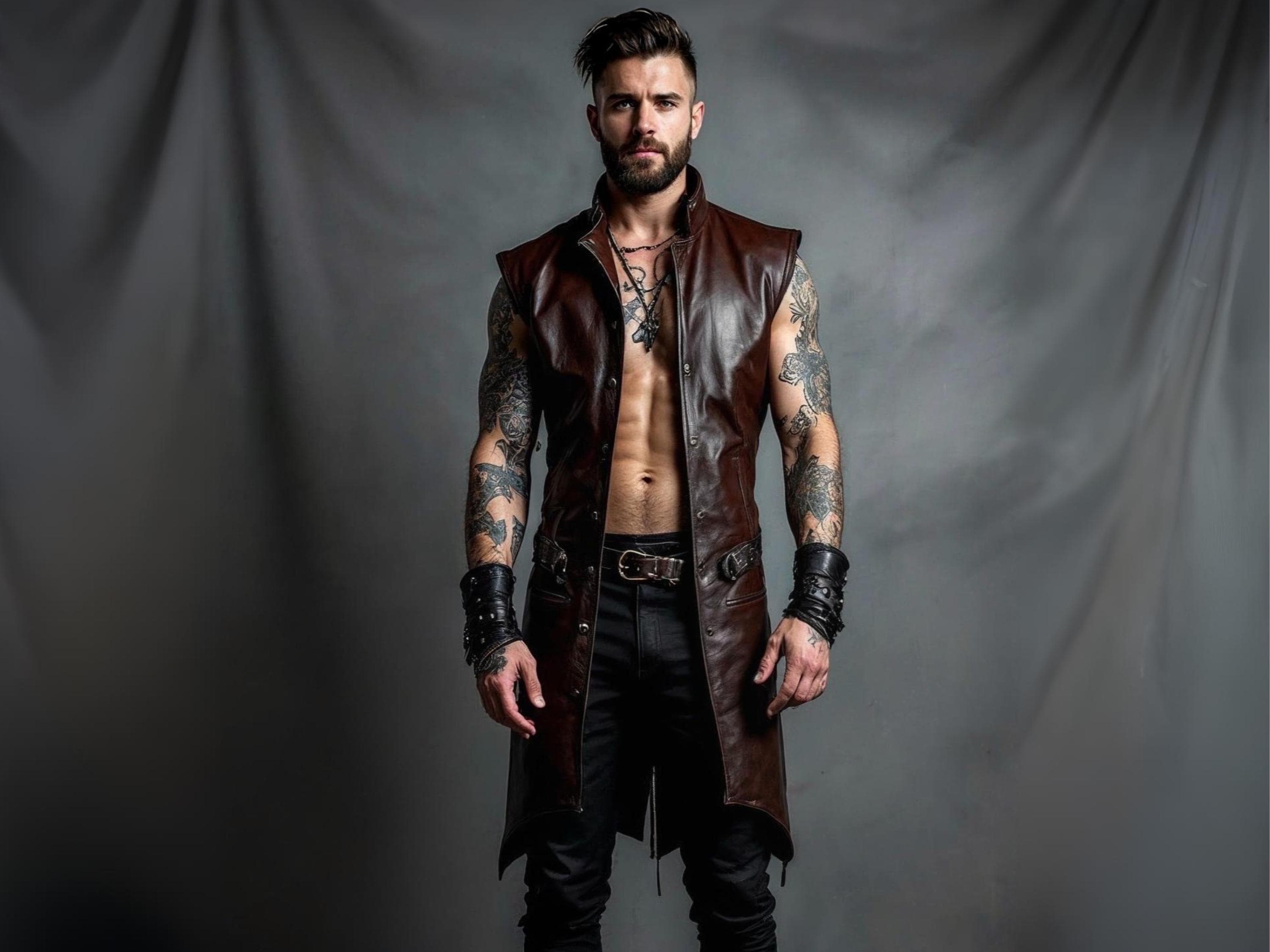 Men's Gothic Brown Long Leather Vest - Sleeveless Steampunk Trench Coat - Warrior Cosplay Jacket - Rocker Biker Vest - Handmade Leather Vest