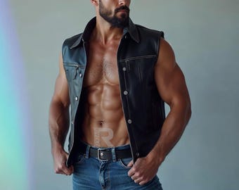 Open Front Leather Vest For Men - Genuine Sheep Leather Vest | Leather Bar Vest | Handmade Leather Vest | Leather Waistcoat | Gifts For Men