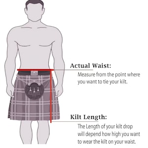 May include: Diagram showing how to measure your waist and kilt length for a kilt. The diagram shows a man wearing a kilt with a red measuring tape around his waist and a red line down the side of the kilt.