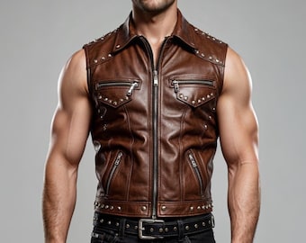 Studded Brown Leather Biker Vest | Genuine Cowhide Motorcycle Jacket