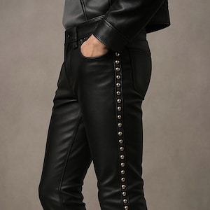 Men&#39;s Genuine Leather Studded Pants - Black Slim Fit Biker Pants with Metal Studs - Real Leather Trousers - Rocker Punk Gothic Leather Pants