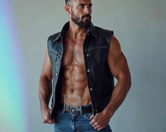 Handmade Black Leather Biker Vest – Sleeveless Sheep Leather