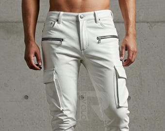 Handmade White Sheep Leather Cargo Pants: Slim Fit Biker Streetwear with Zipper Pockets