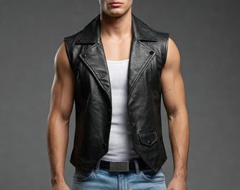 Men&#39;s Black Leather Vest - Genuine Sheep Leather Vest - Leather Bar Vest - Biker Vest - Western Cowboy Vest - Handmade Real Leather Vest