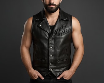 Handmade Genuine Leather Biker Vest for Men - Black Sleeveless Motorcycle Club Waistcoat - Rocker Western Style Leather Vest- Gift for Him