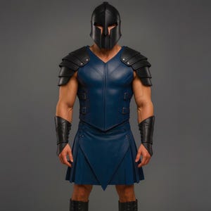 May include: A warrior's costume featuring a navy blue leather cuirass, kilt, and arm guards. The ensemble includes black shoulder armor and a matching helmet. The outfit is designed with a V-neck and buckle details, creating a striking, historical look.