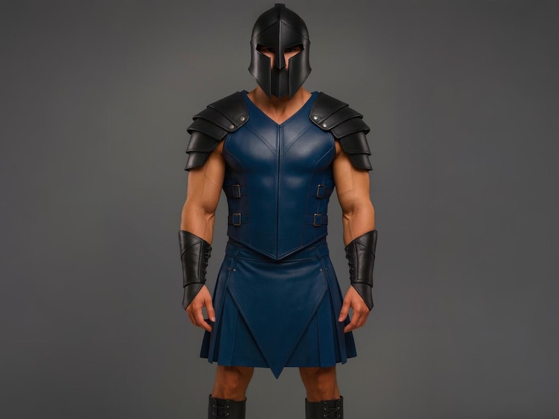 May include: A warrior's costume featuring a navy blue leather cuirass, kilt, and arm guards. The ensemble includes black shoulder armor and a matching helmet. The outfit is designed with a V-neck and buckle details, creating a striking, historical look.