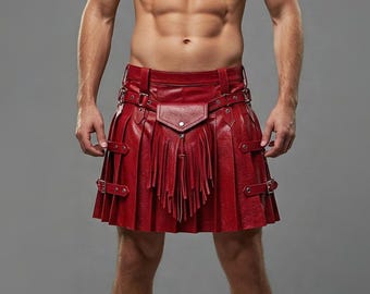 Handgemaakte rode leren utility-kilt – Gothic steampunk-festivalrok