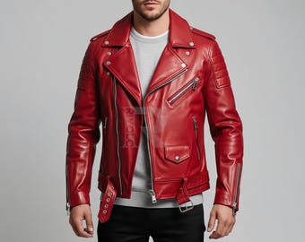 Handmade Red Leather Biker Jacket - Men's Moto Racer Jacket