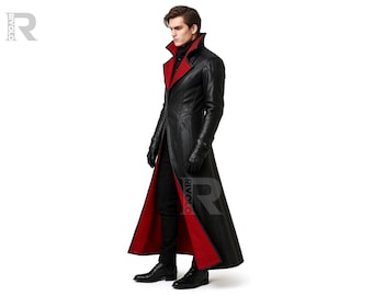 Handmade Genuine Leather Gothic Trench Coat – Red Lining, Cyberpunk Duster