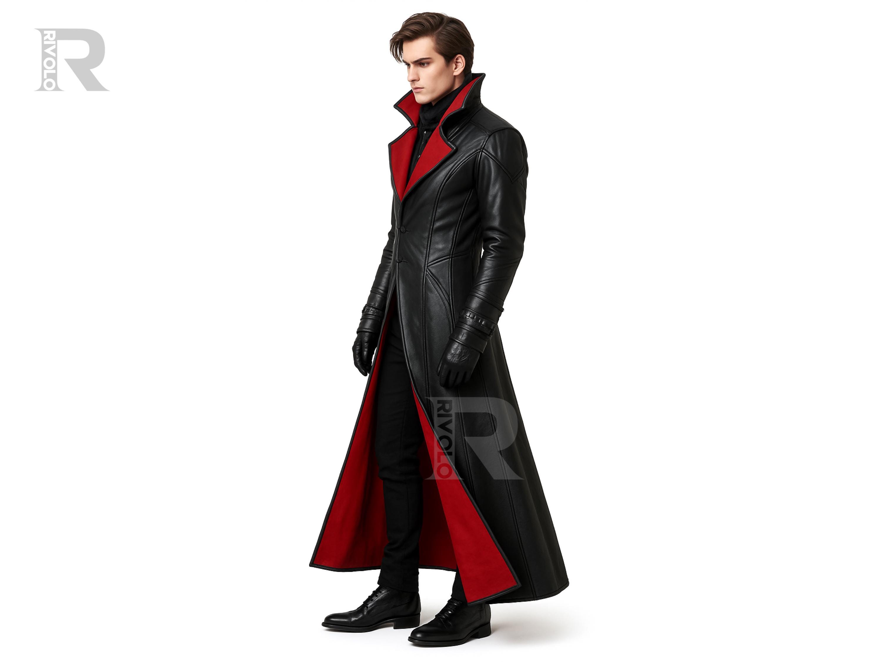 Handmade Genuine Leather Gothic Trench Coat – Red Lining