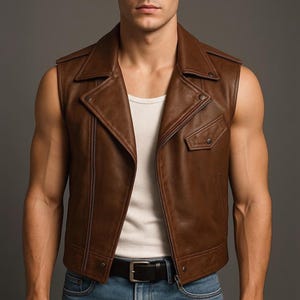 Men&#39;s Brown Genuine Leather Biker Vest - Handmade Leather Moto Vest - Western Cowboy Style Vest - Vintage Brown Rocker Vest - Gift For Men