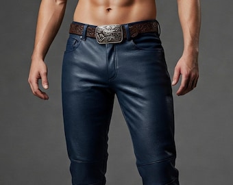 Genuine Leather Navy Blue Pants - Real Sheepskin Leather Jeans - Festival Rave Leather Pants - Handmade Blue Leather Biker Pants For Men