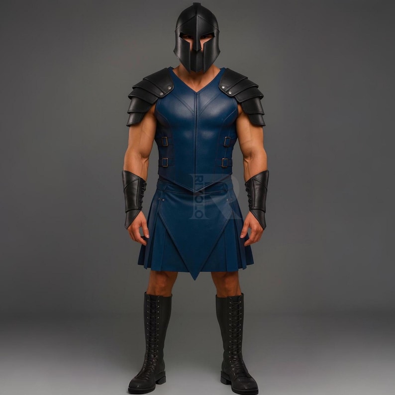 May include: A full-body shot of a warrior costume. The outfit includes a black helmet, shoulder armor, a blue leather tunic, a pleated skirt, arm cuffs, and knee-high boots. The costume is designed with a focus on protection and a historical aesthetic.