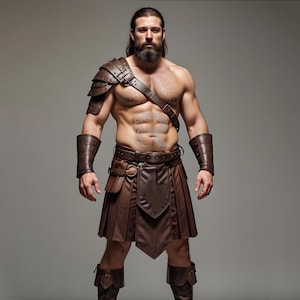 Peut inclure: Un homme musclé portant un kilt en cuir marron, une épaulière en cuir et des protège-bras en cuir. Il a une longue barbe et regarde directement la caméra.