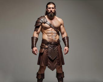 Spartan Warlord Armor - Genuine Leather Gladiator Kilt & Harness - Roman Barbarian Cosplay Outfit - LARP Warrior - Handmade Cosplay Costume