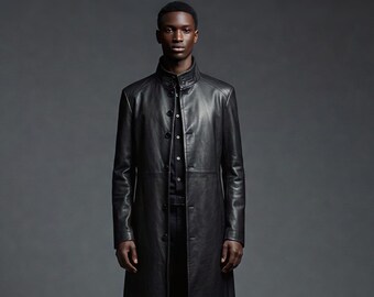 Trench in pelle di vacchetta nera fatto a mano – Gothic Matrix Duster