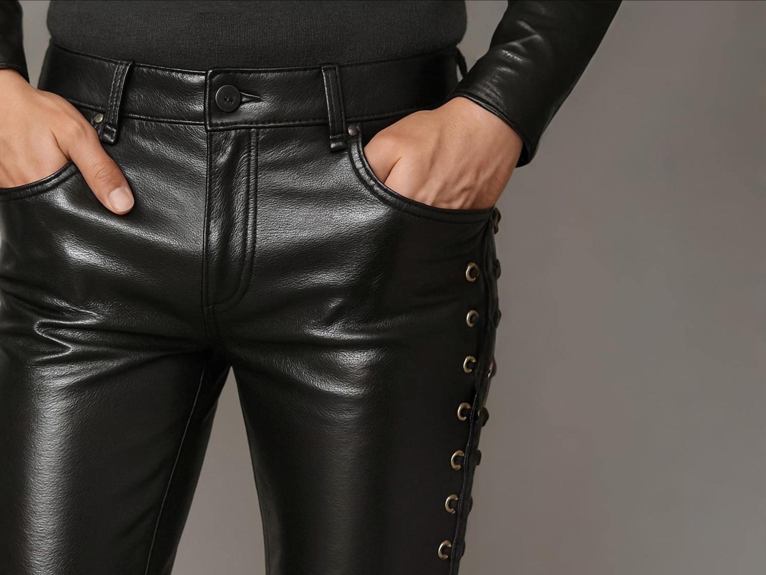 Genuine Sheepskin Leather Pants For Men - Handmade Real Black Leather Jeans with Side Lace Up - Gothic Biker Leather Pants - Gift For Him