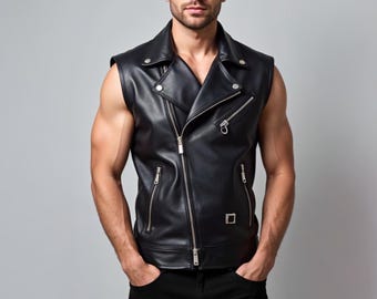 Handmade Genuine Leather Biker Vest For Men - Real Sheep Leather Vest - Black Leather Vest - Gift For Him - Motorcycle Brando Style Vest