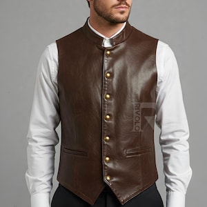 Men&#39;s Genuine Leather Vest - Handmade Brown Leather Waistcoat - Victorian Formal Vest - Steampunk Western Groomsmen Vest - Gift For Men