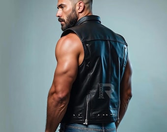 Handmade Black Leather Biker Vest – Sleeveless Sheep Leather