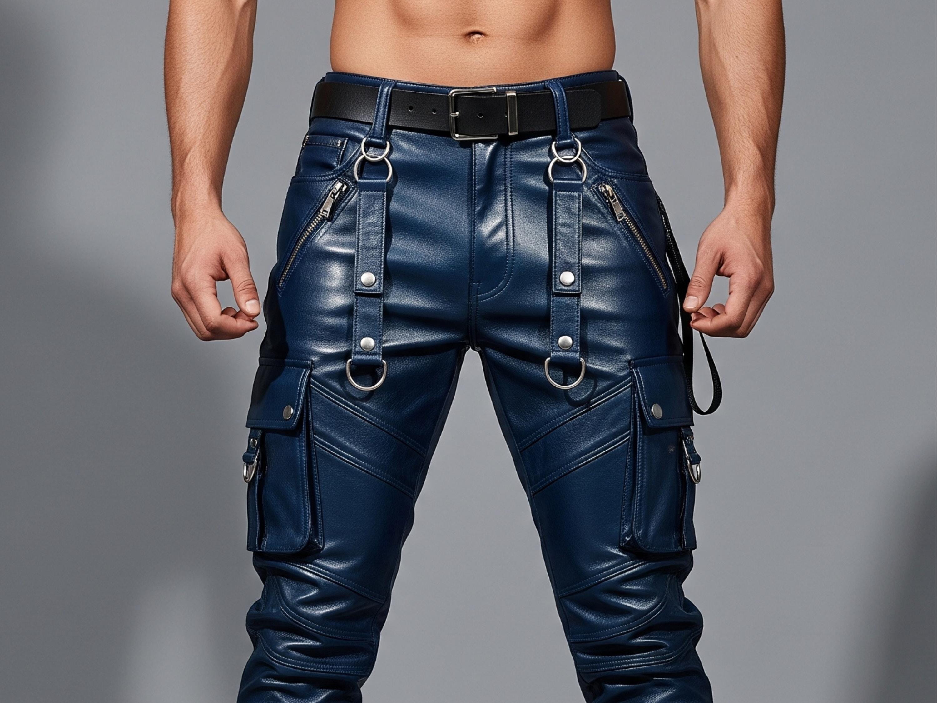 Men's Genuine Leather Tactical Cargo Pants - Handmade Blue Sheep Leather Cargo Pants - Gothic Military Trousers - Real Leather Pants For Him