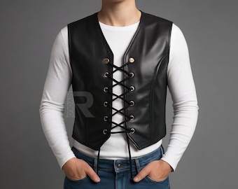 Handmade Black Sheepskin Leather Vest - Gothic Steampunk Lace-Up Corset