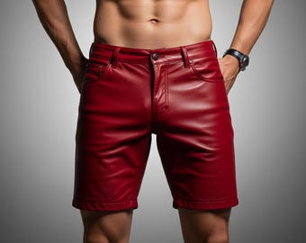 Men&#39;s Genuine Leather Shorts - Handmade Red Sheepskin Leather Booty Shorts - Summer Shorts - Casual Sexy Shorts - Vintage Gift For Him