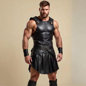 Peut inclure: Tenue noire en cuir de style gladiateur. L'ensemble comprend un haut sans manches avec des bretelles, une jupe pliss&eacute;e, des bracelets et une ceinture &agrave; boucle. La tenue est con&ccedil;ue avec une esth&eacute;tique classique et historique.