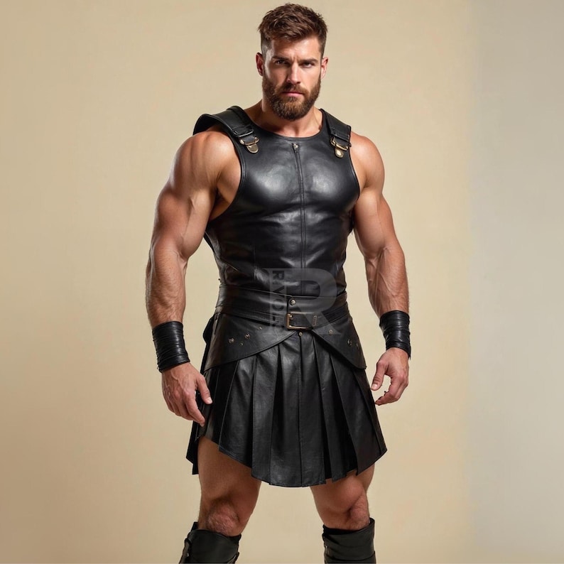 Peut inclure: Tenue noire en cuir de style gladiateur. L'ensemble comprend un haut sans manches avec des bretelles, une jupe pliss&eacute;e, des bracelets et une ceinture &agrave; boucle. La tenue est con&ccedil;ue avec une esth&eacute;tique classique et historique.