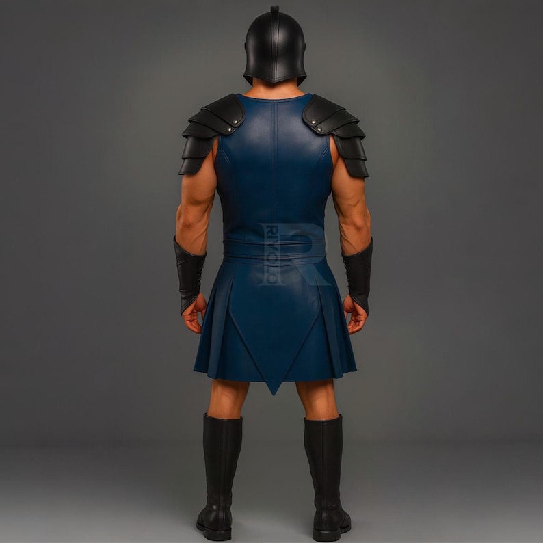 May include: A blue and black gladiator costume. The costume includes a helmet, shoulder armor, a sleeveless tunic, a pleated skirt, arm cuffs, and knee-high boots. The costume is made of leather-like material.
