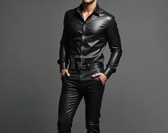 Men&#39;s Black Leather Outfit - Genuine Sheep Leather Shirt & Pants, Handmade Leather Rave Outfit, Tailored Leather Biker Outfit, Gifts For Him