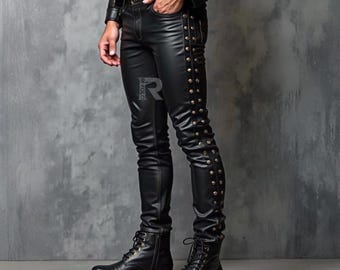 Men's Genuine Leather Studded Pants - Black Rock Inspired