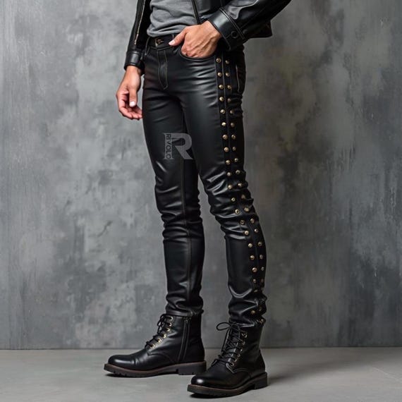Men's Genuine Sheep Leather Pants – Black Studded Biker Jeans