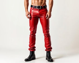 Men's Red Sheepskin Leather Pants - Handmade Skinny Fit Biker Trousers