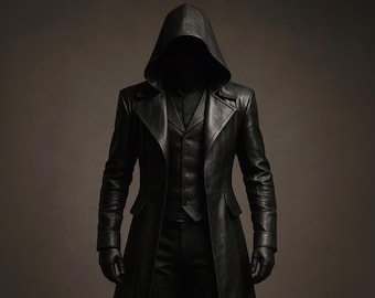 May include: A person wearing a black leather hooded coat, vest, shirt, pants, and gloves. The coat has a long, tailored design with a button closure. The outfit is all black, creating a mysterious and dramatic look.