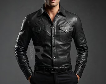 Handmade Black Sheepskin Leather Shirt – Slim Fit Western Snap