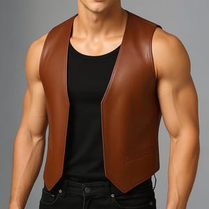 Open Front Genuine Leather Vest For Men - Handmade Brown Leather Biker Waistcoat - Western Steampunk Festival Vest - Gift For Men - Vest