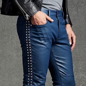 Men&#39;s Genuine Leather Studded Pants - Blue Leather Pants with Silver Studs - Punk Rock Leather Studded Jeans - Handmade Real Leather Pants