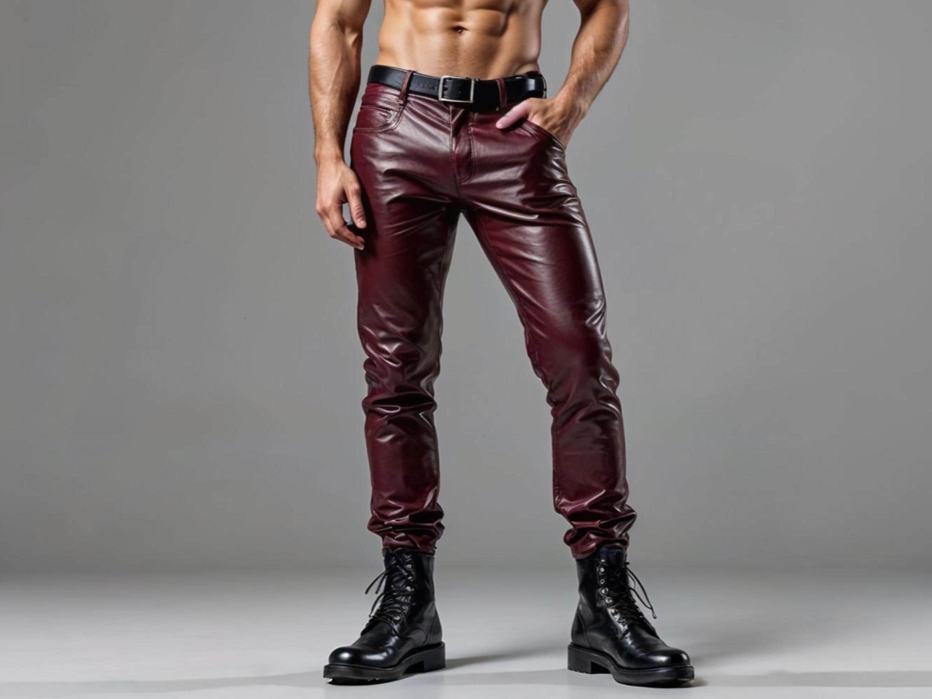 Men's Genuine Sheepskin Leather Pants - Burgundy Real Leather Trousers - Handmade Biker Leather Pants - Rocker Leather Jeans - Gift For Men