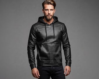Men&#39;s Genuine Leather Pullover with Hood - Handmade Leather Hoodie - Sweatshirt Jacket - Streetwear Leather Hoodie - Gothic Leather Jacket