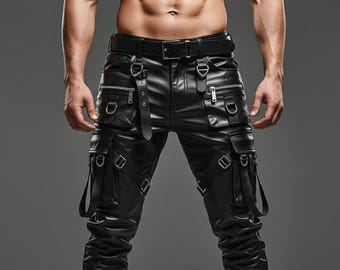 Handmade Genuine Leather Cargo Pants for Men - Gothic Tactical Military Style Trousers - Real Sheepskin Leather Pants - Unique Gift for Him
