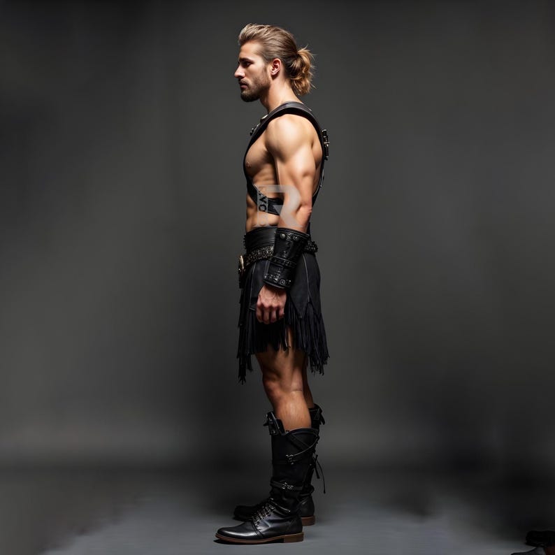 May include: A man wearing a black leather kilt, a black leather harness, and black leather boots. He is standing with his arms at his side and looking to the left.