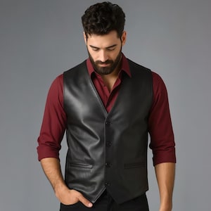 Men&#39;s Genuine Leather Vest - Handmade Black Formal Vest For Men - Western Biker Style Vest - Parties & Casual Wear - Gift For Men