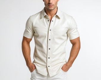 Handmade White Leather Shirt – Men's Short Sleeve Snap-Button Top