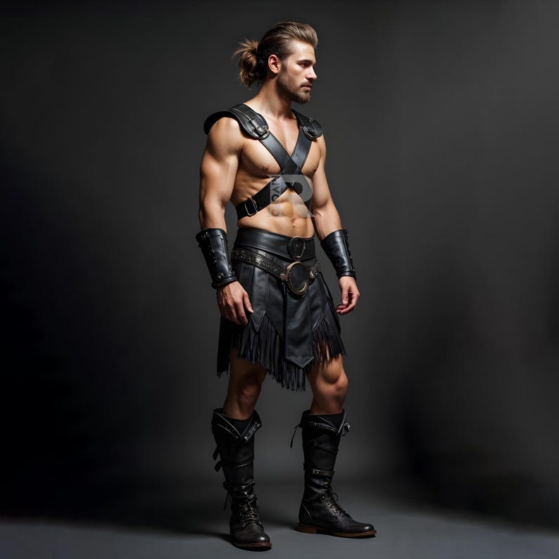 May include: A man wearing a black leather kilt with fringe, a black leather harness with straps, and black leather arm guards. He is wearing black leather boots and has a ponytail.